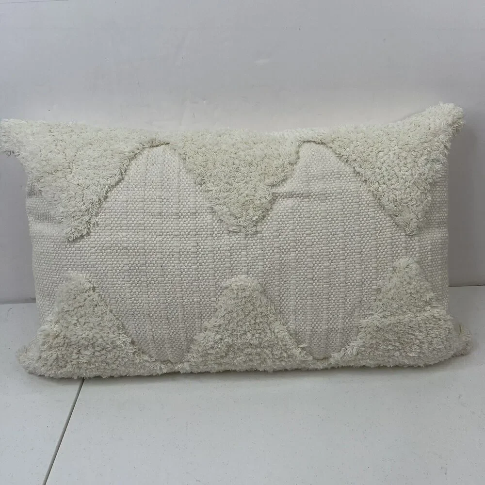 Ivory Tufted Throw Pillow Woven Embroidered‎ Diamond Lumbar Farmhouse Modern